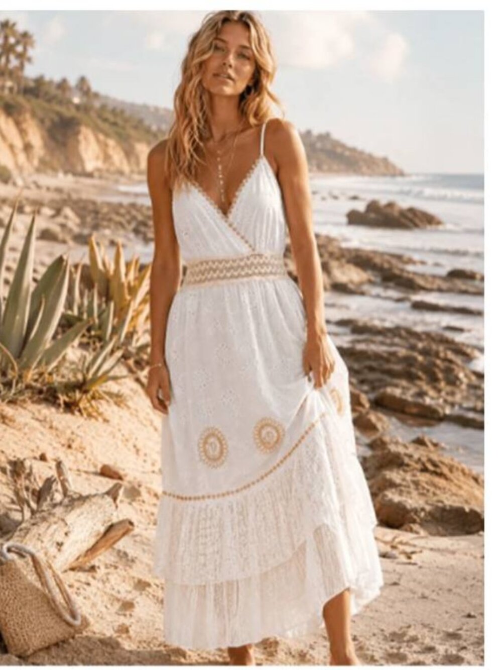 Womens BOHO Surplice Tiered Crochet Eyetlet Flowers Maxi Dress Soft Cotton